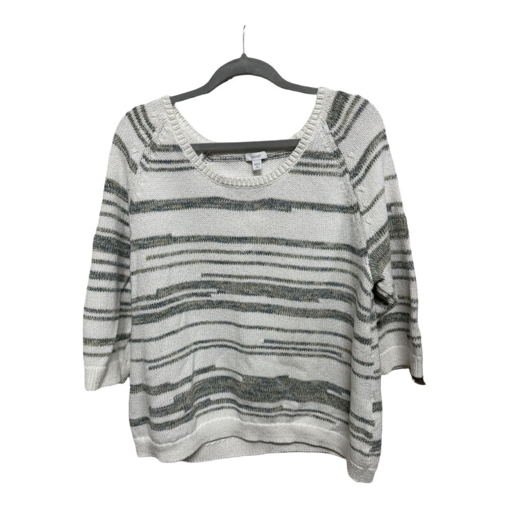 J Jill Pure Jill Women Sweater White Gray Stripe 3/4 Slv Petite XL Cotton Blend